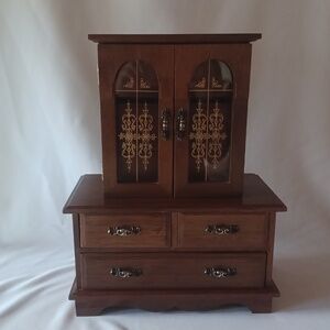Vintage 70's MCM Wood Tabletop Jewelry Box Armoire